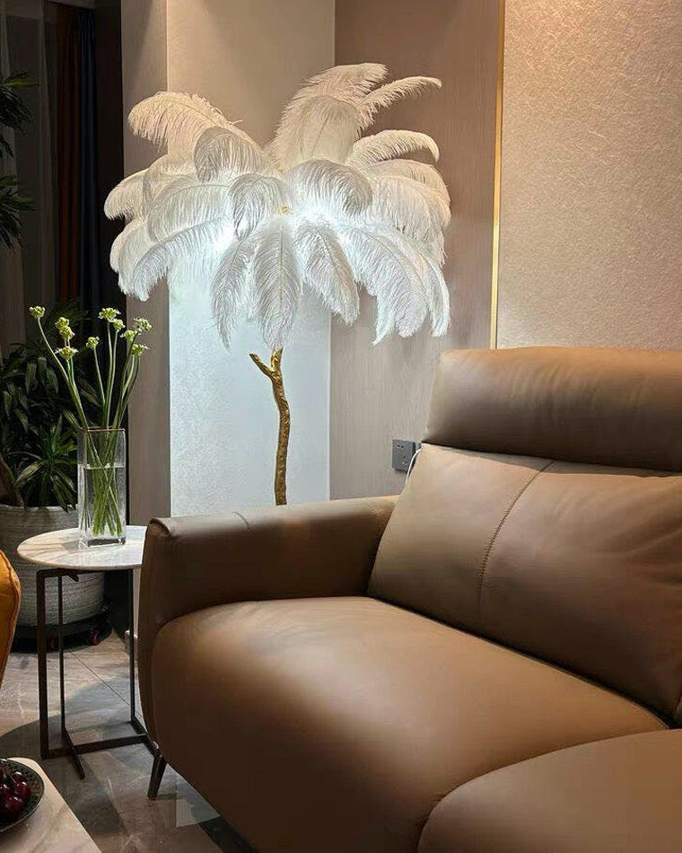 Floor Lamp Feather Shade 160.0 cm White Living Room Bedroom Palm Tree Standing Light Tropical Ambient Lighting | Thomler