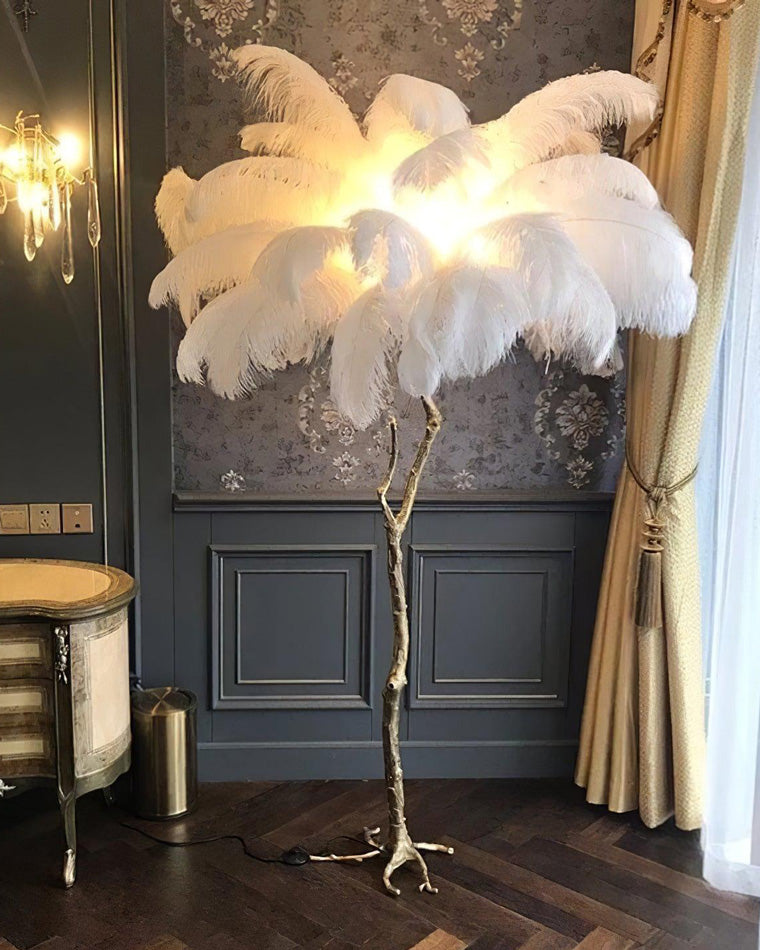 Floor Lamp Feather Shade 160.0 cm White Living Room Bedroom Palm Tree Standing Light Tropical Ambient Lighting | Thomler