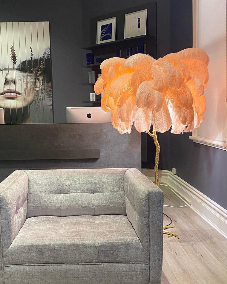 Floor Lamp Feather Shade 160.0 cm White Living Room Bedroom Palm Tree Standing Light Tropical Ambient Lighting | Thomler