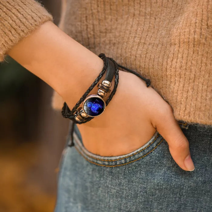 Adjustable Leather Zodiac Bracelet with Blue Stone Charm for Men & Women | Classic Wrist Cuff with Astrology Symbol | Handcrafted Steel & | Thomler