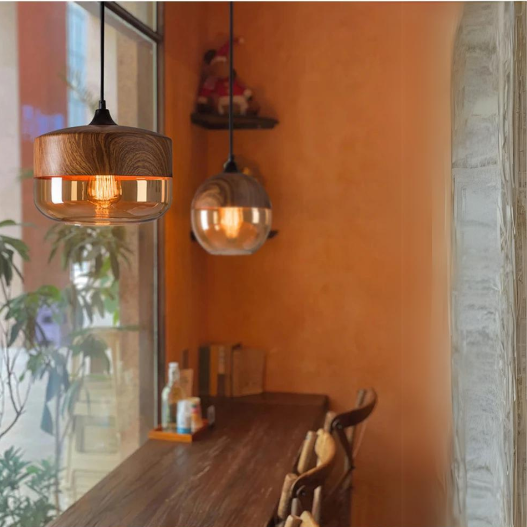 Glass Pendant Light with Wood-Look Metal – Scandinavian Hanging Fixture for Dining Room, Bedroom & Living Room | Thomler