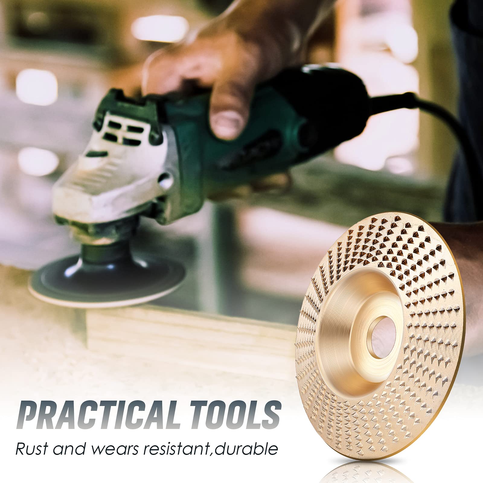 Carbide Abrasive Disc Set for Angle Grinders Gold 3-Piece Wood Shaping Kit Flat Bevel Arc 4 Inch for Woodworking Carving Sanding | Thomler