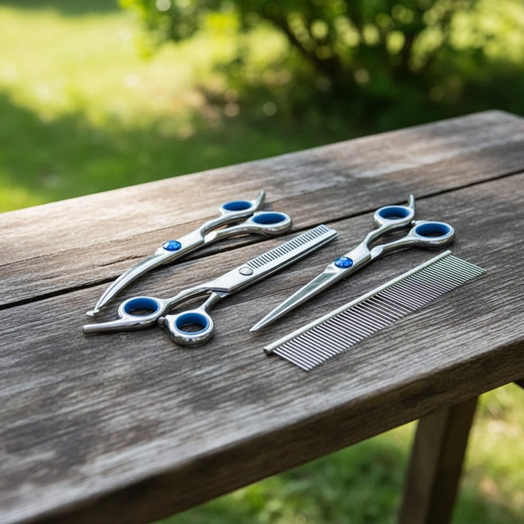 Professional Pet Trimming Shears Kit with Safety Tips for Dogs & Cats – Complete Home Animal Hair Cutting Set with Storage Pouch | Thomler