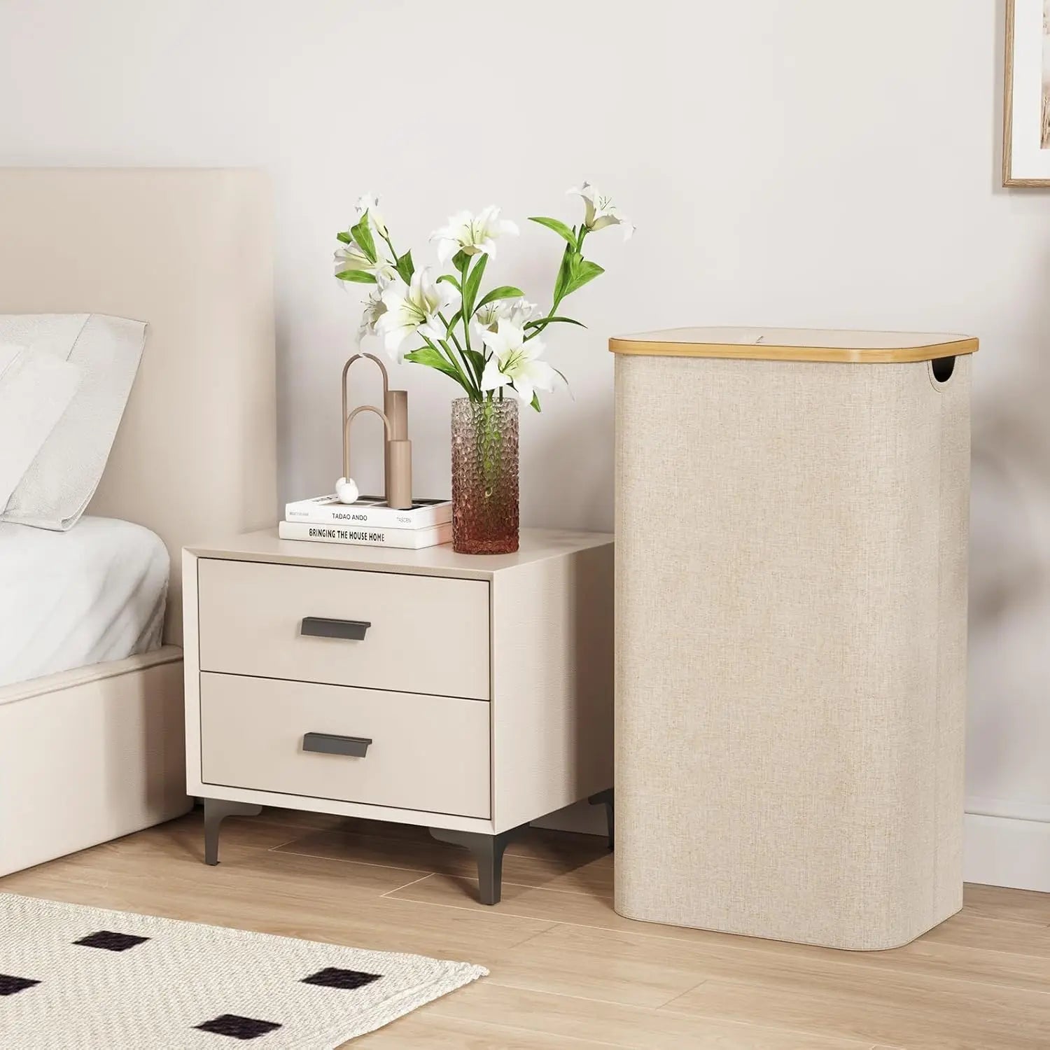 Collapsible Hamper with Cover & Removable Liner 100L Capacity for Bedroom Bathroom White Gray Black Bamboo Handles Upright Design | Thomler