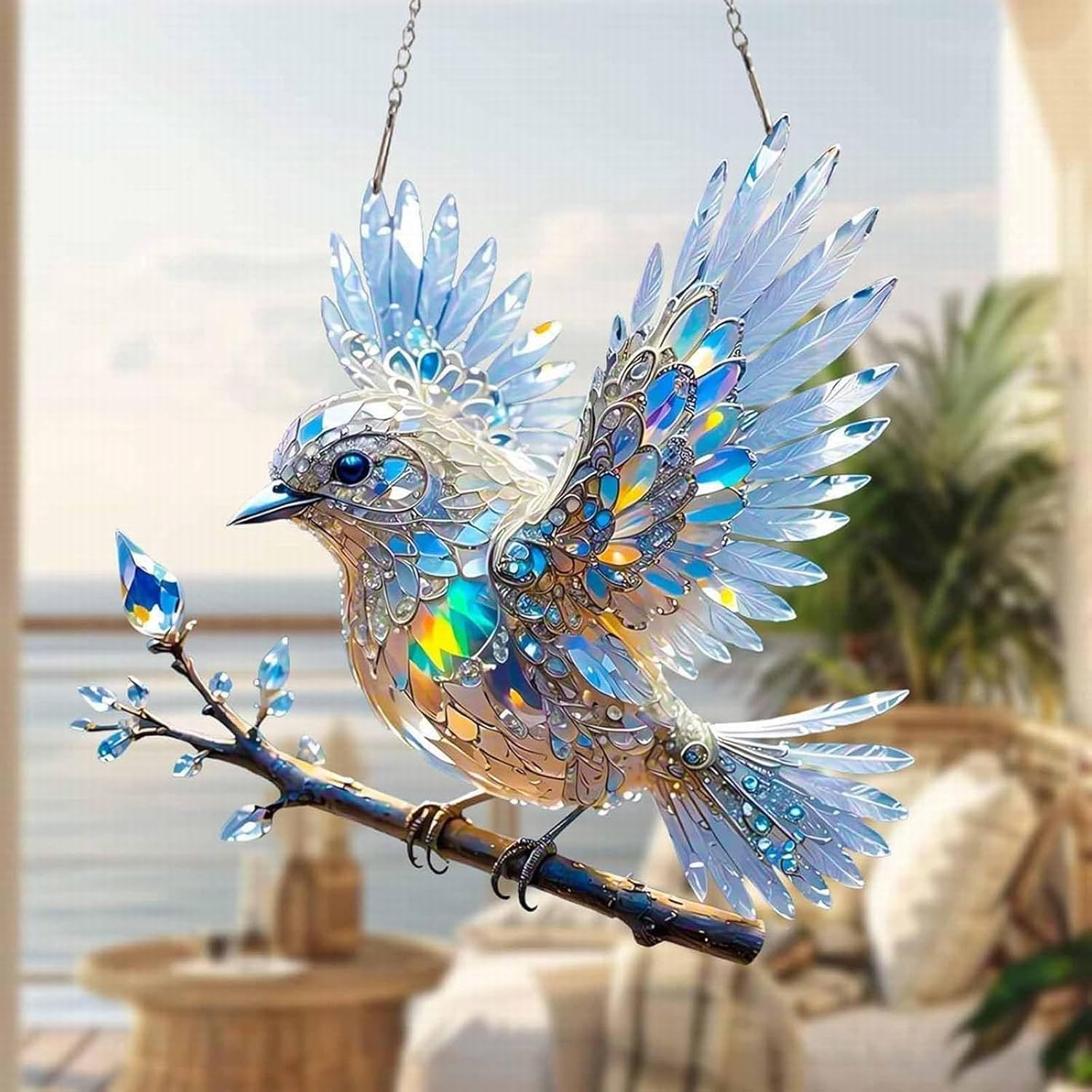 Prism Bird Window Ornament - Rainbow Light Catcher Suncatcher for Home Windows, Crystal Effect Acrylic Decoration 6x6 or 8x8 Inch | Thomler
