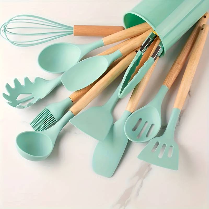 12-Piece Silicone Cooking Utensil Set with Wood Handles Heat Resistant Kitchen Tools for Nonstick Cookware Home Chef Spatula Spoon Whisk | Thomler