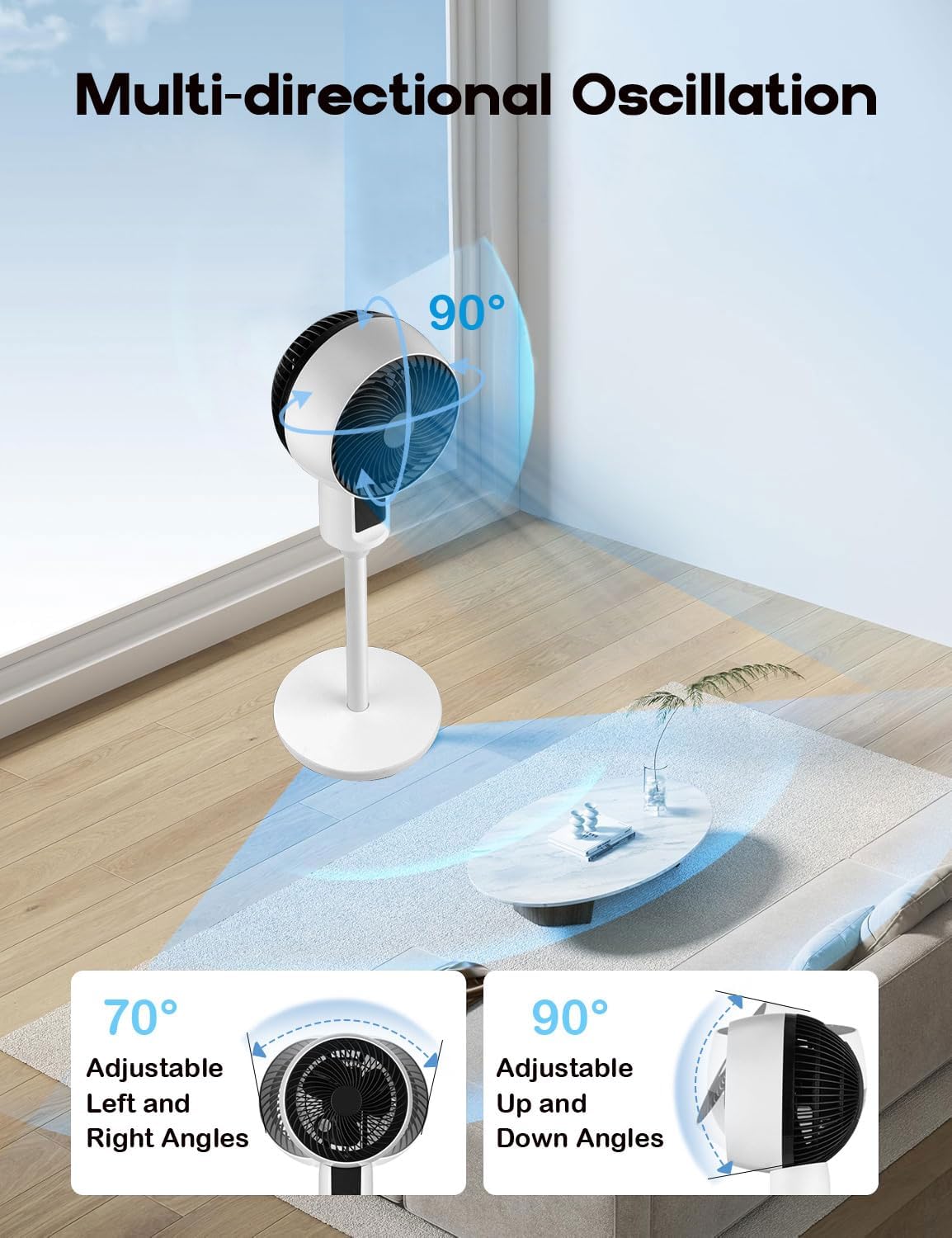 Height-Adjustable Pedestal Fan with 3D Oscillation – Quiet Cooling for Bedroom, Office & Living Room | Thomler
