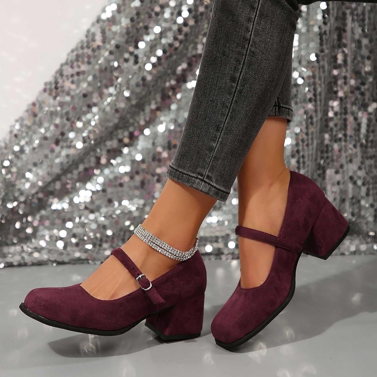 Women's Suede Block-Heel Pumps with Adjustable Buckle Strap | Thomler