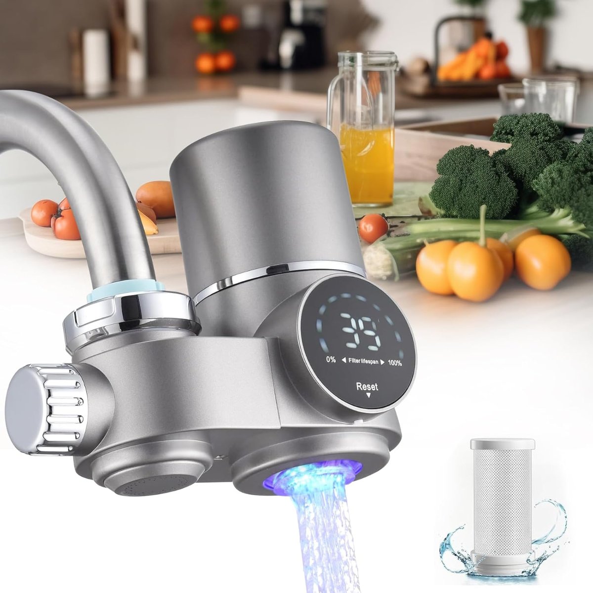LED Kitchen Faucet Water Filter – Food-Safe Stainless Steel, Dual-Mode Purifier with Temperature Display | Thomler
