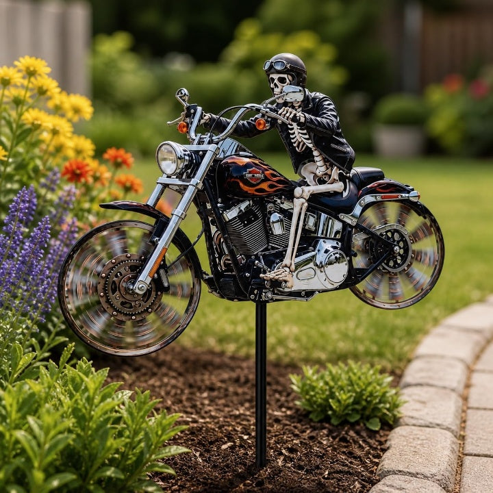 Skeleton Biker Wind Spinner Garden Stake Metal Chopper Motorcycle Lawn Ornament Outdoor Yard Art Halloween Decoration Spinning Wheels for | Thomler