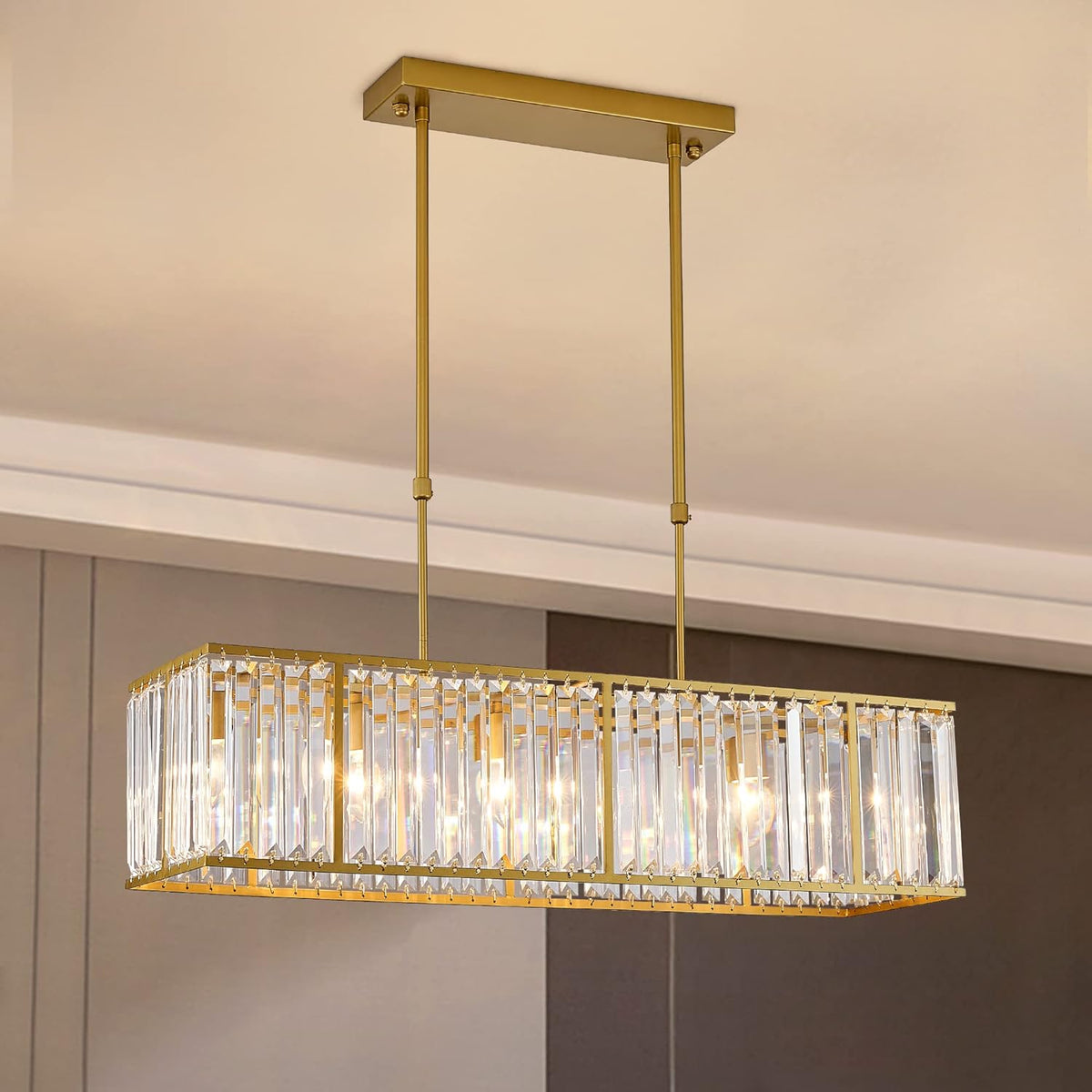 Rectangular Hanging Chandelier with Glass Gem Details for Dining Room & Island | Thomler