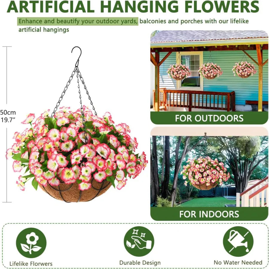 Hanging Basket Flowers Artificial Silk for Outdoor Indoor Decor | Weather-Resistant Faux Blooms in 7 Colors, Year-Round | Thomler