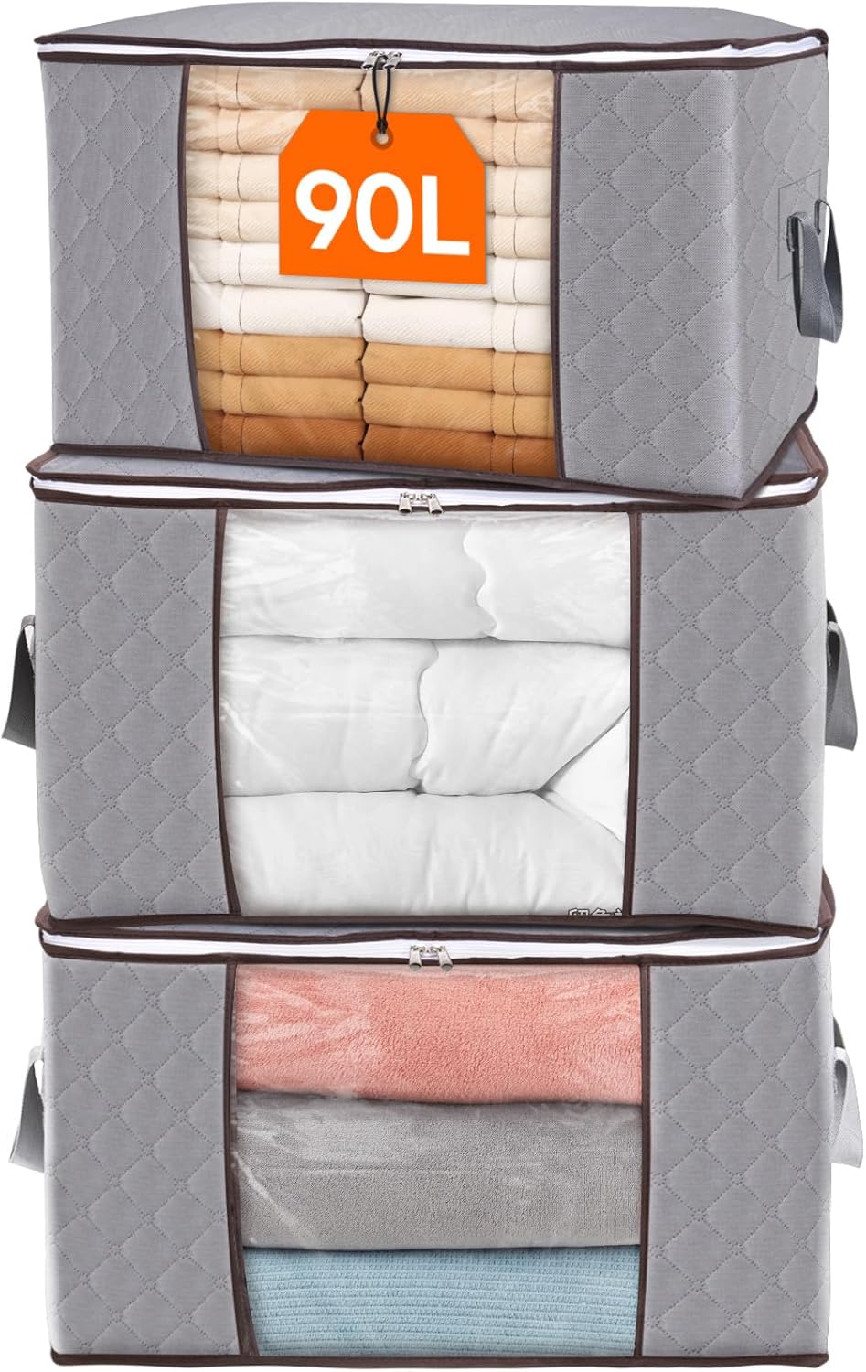 Storage Box Fabric 90.0 L Grey Clothes Blanket Organisation Foldable Wardrobe Under Bed Storage With Viewing Window | Thomler