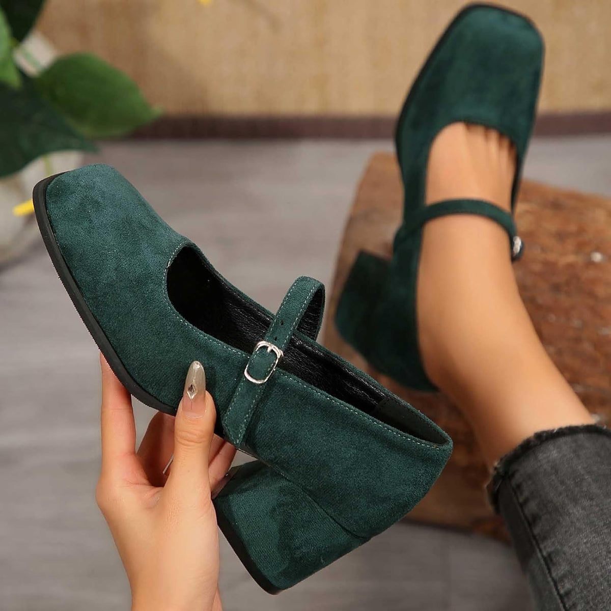 Women's Suede Block-Heel Pumps with Adjustable Buckle Strap | Thomler
