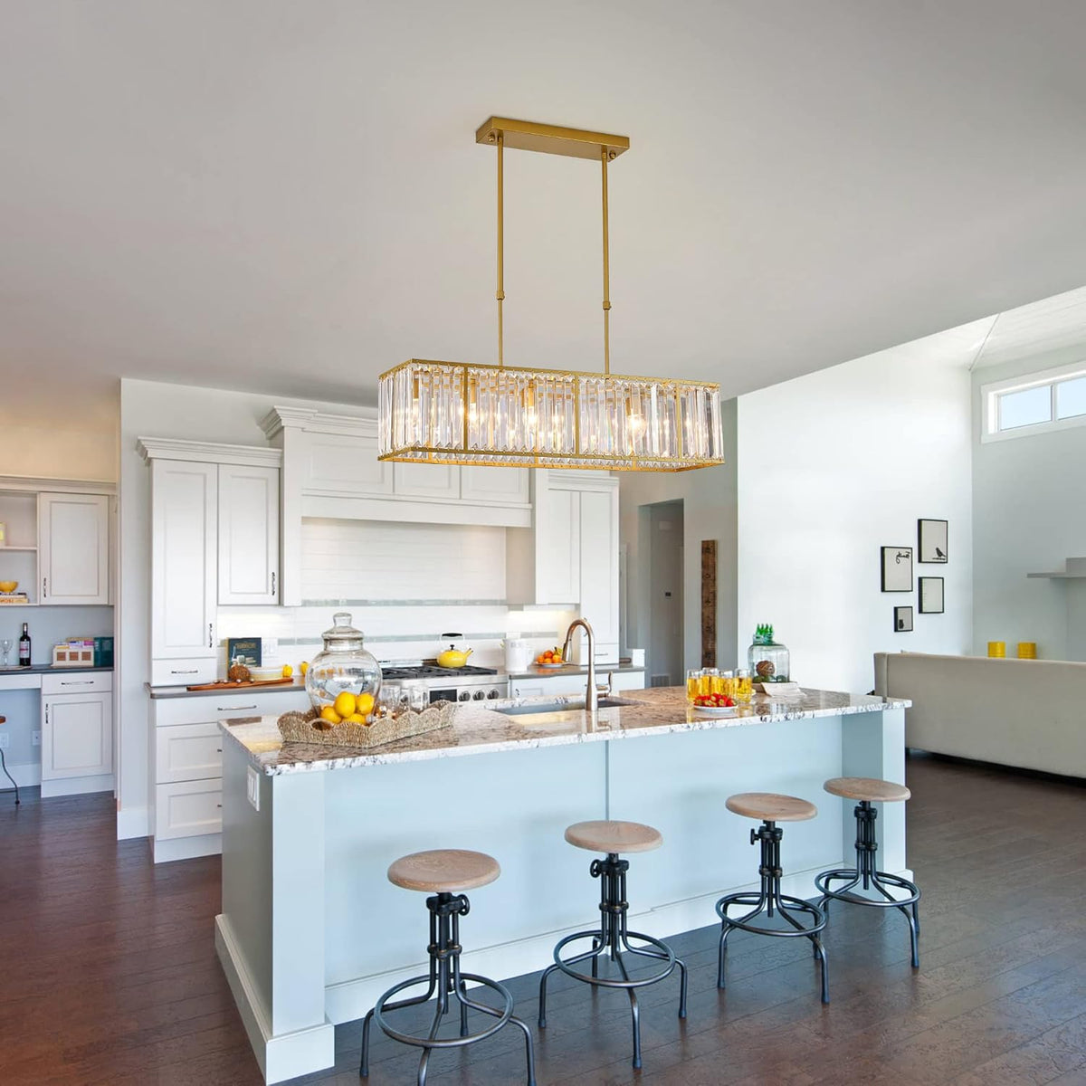Rectangular Hanging Chandelier with Glass Gem Details for Dining Room & Island | Thomler