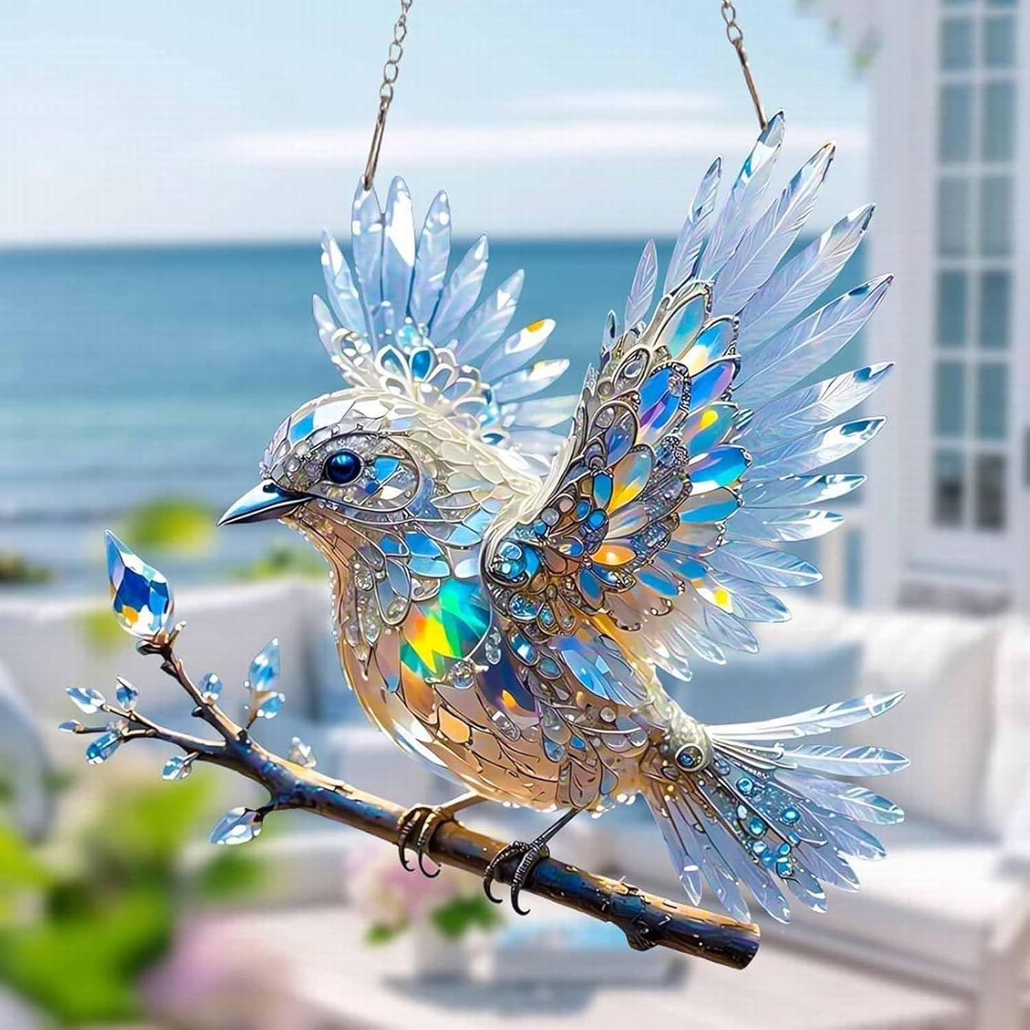 Prism Bird Window Ornament - Rainbow Light Catcher Suncatcher for Home Windows, Crystal Effect Acrylic Decoration 6x6 or 8x8 Inch | Thomler