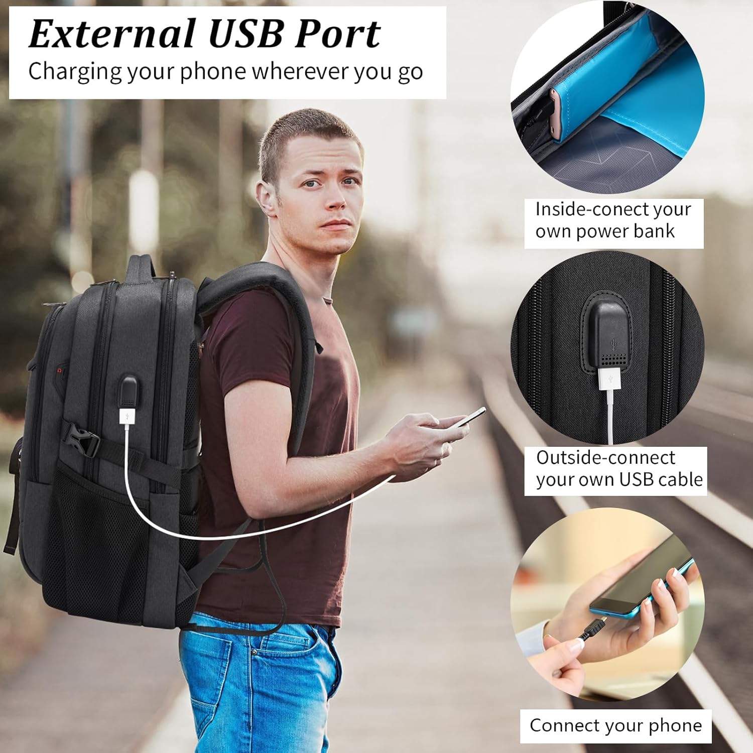 Travel Backpack with USB Charging Port for Laptops up to 17 Inches | Water-Resistant Daypack with Anti-Theft Pocket for Business Work School | Thomler