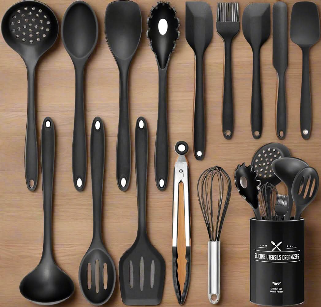 Silicone Cooking Utensil Set 15-Piece Heat-Proof Non-Scratch Tool Kit for Nonstick Cookware Kitchen Essentials | Thomler