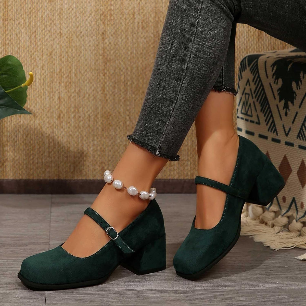 Women's Suede Block-Heel Pumps with Adjustable Buckle Strap | Thomler