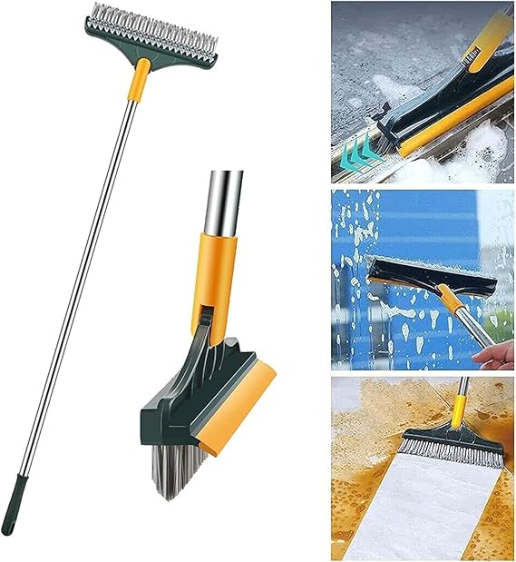 Rotating Head Bathroom Floor Scrubber with Squeegee for Tiles, Tubs & Grout – Long Handle Cleaning Tool for Corners & Tight Spaces | Thomler