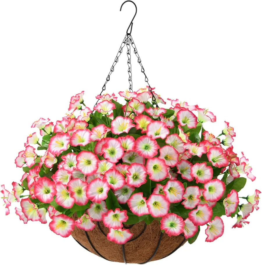 Hanging Basket Flowers Artificial Silk for Outdoor Indoor Decor | Weather-Resistant Faux Blooms in 7 Colors, Year-Round | Thomler