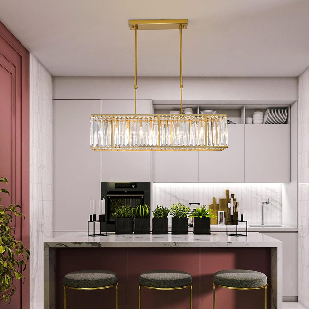 Rectangular Hanging Chandelier with Glass Gem Details for Dining Room & Island | Thomler