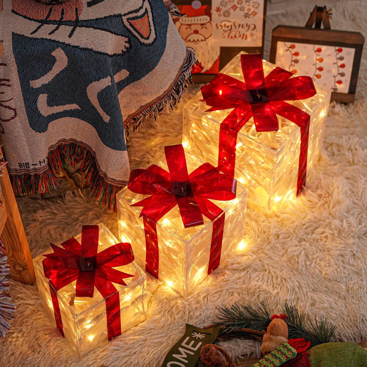 3-Piece Illuminated Gift Box Decor Set – Warm White LED Holiday Display | Thomler