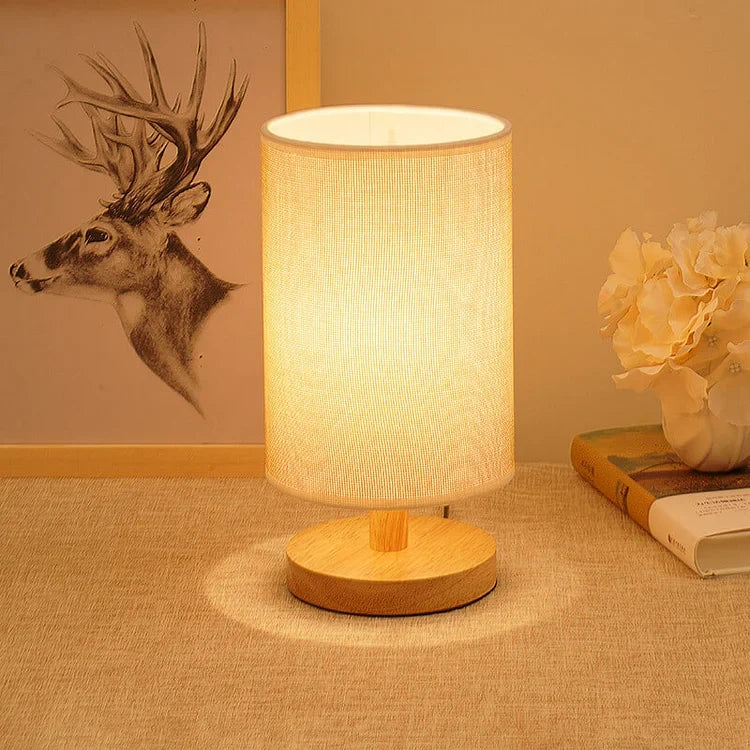 Natural Wood & Linen Table Lamp with Remote Control – Dimmable LED Touch Lamp for Bedroom, Nightstand, Desk – Minimalist Scandinavian | Thomler