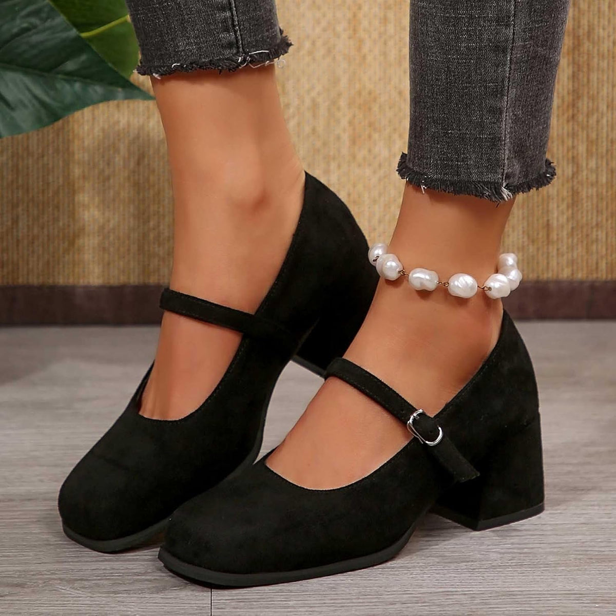 Women's Suede Block-Heel Pumps with Adjustable Buckle Strap | Thomler