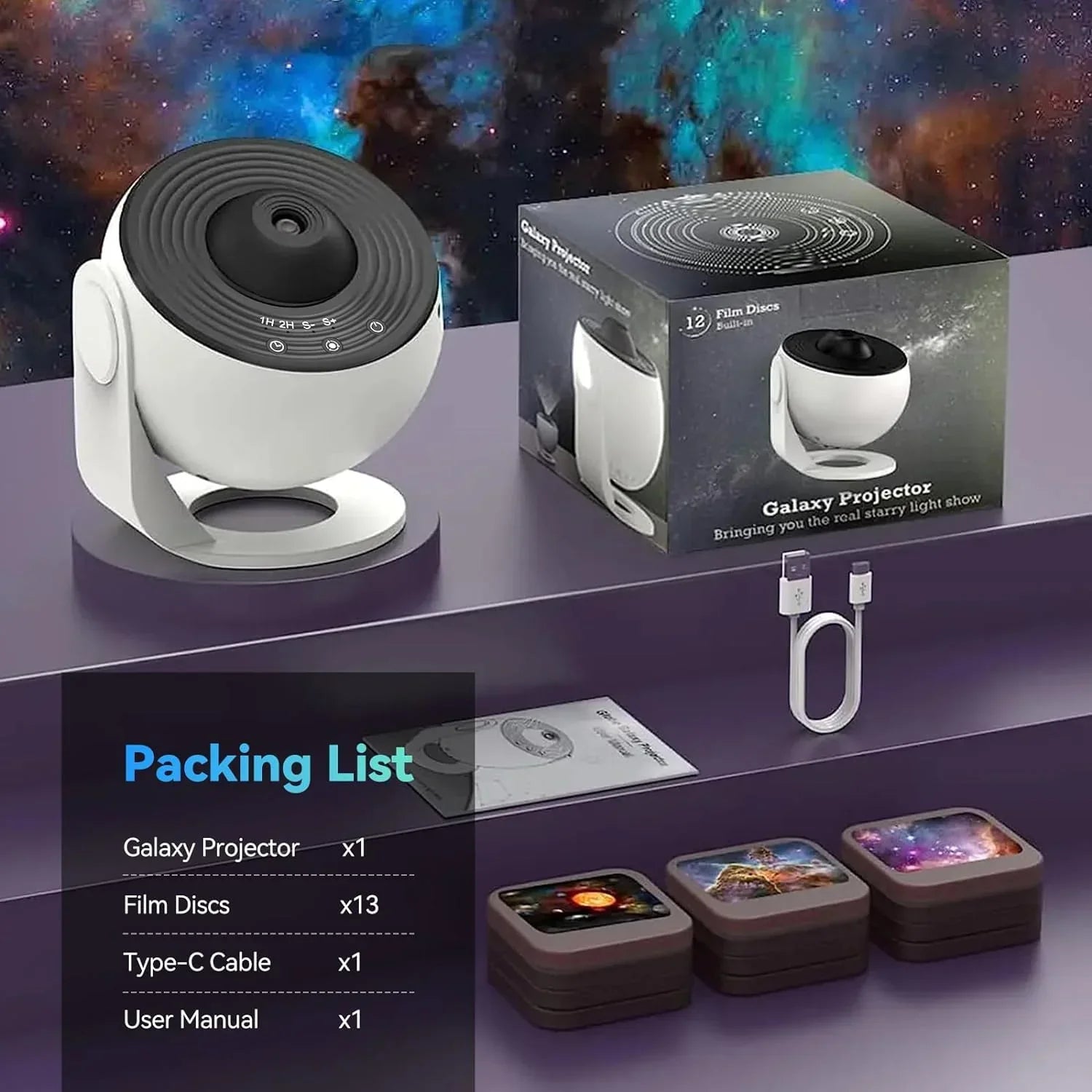 Space Projector Night Light with 13 Interchangeable Disks Galaxy Stars Planets for Bedroom Ceiling Walls Kids Room Decor USB Powered | Thomler