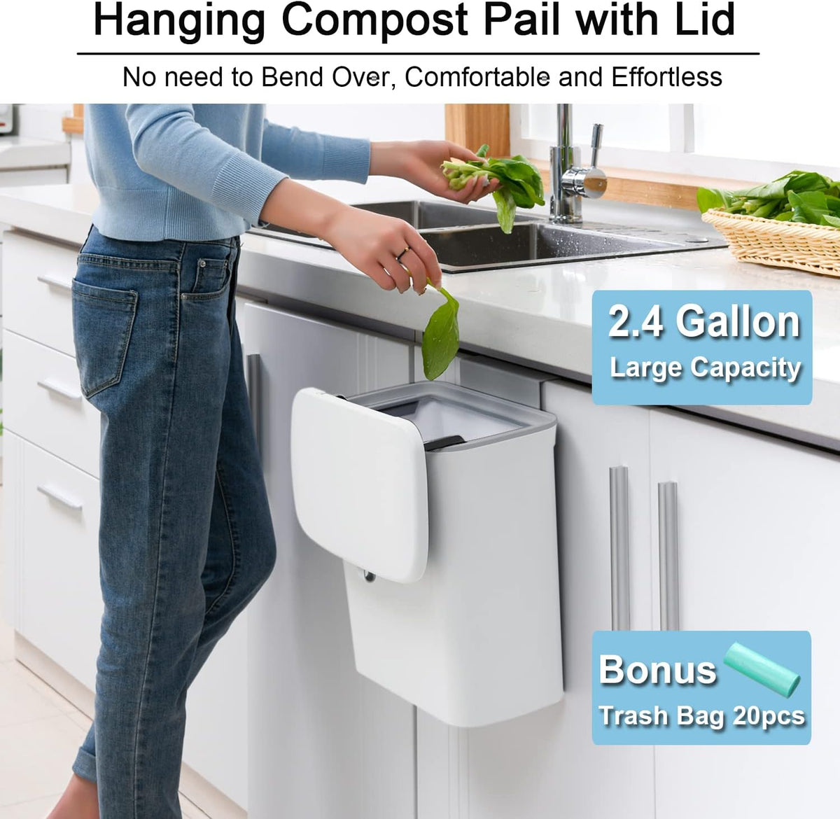 Wall-Mounted Kitchen Scrap Container 2.4 Gallon with Airtight Seal for Under Cabinet or Door Use | Thomler