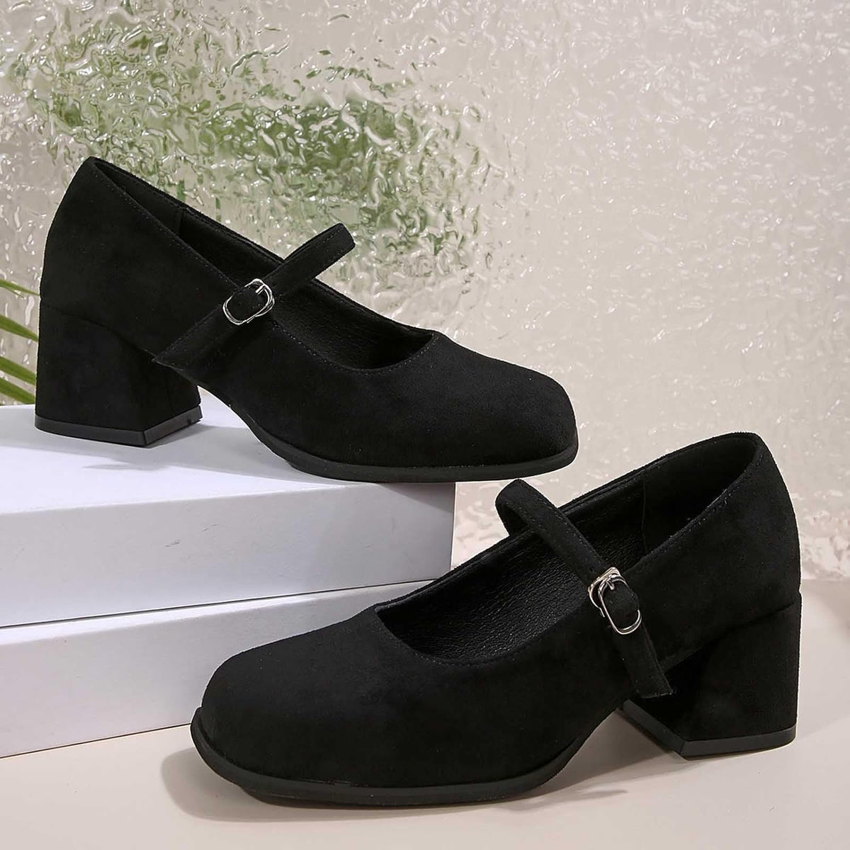 Women's Suede Block-Heel Pumps with Adjustable Buckle Strap | Thomler
