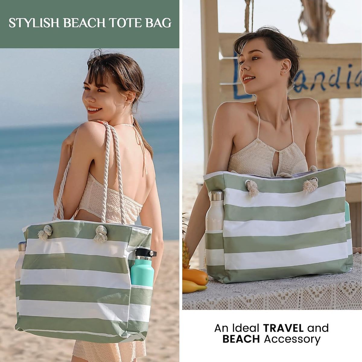 Zippered Canvas Beach Bag for Women – Waterproof Tote with Pockets for Pool, Travel & Everyday Errands – Sand-Resistant Shoulder Carryall | Thomler