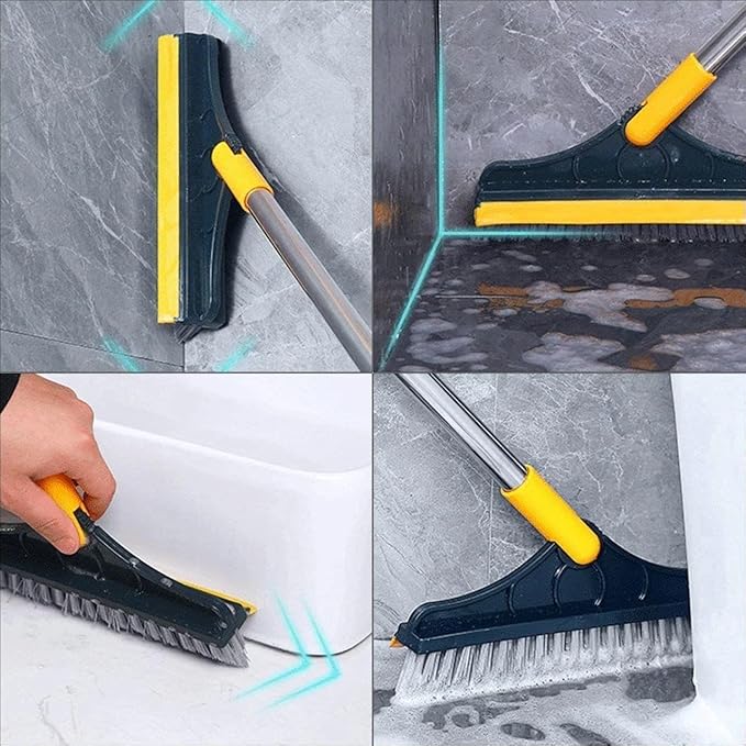 Rotating Head Bathroom Floor Scrubber with Squeegee for Tiles, Tubs & Grout – Long Handle Cleaning Tool for Corners & Tight Spaces | Thomler