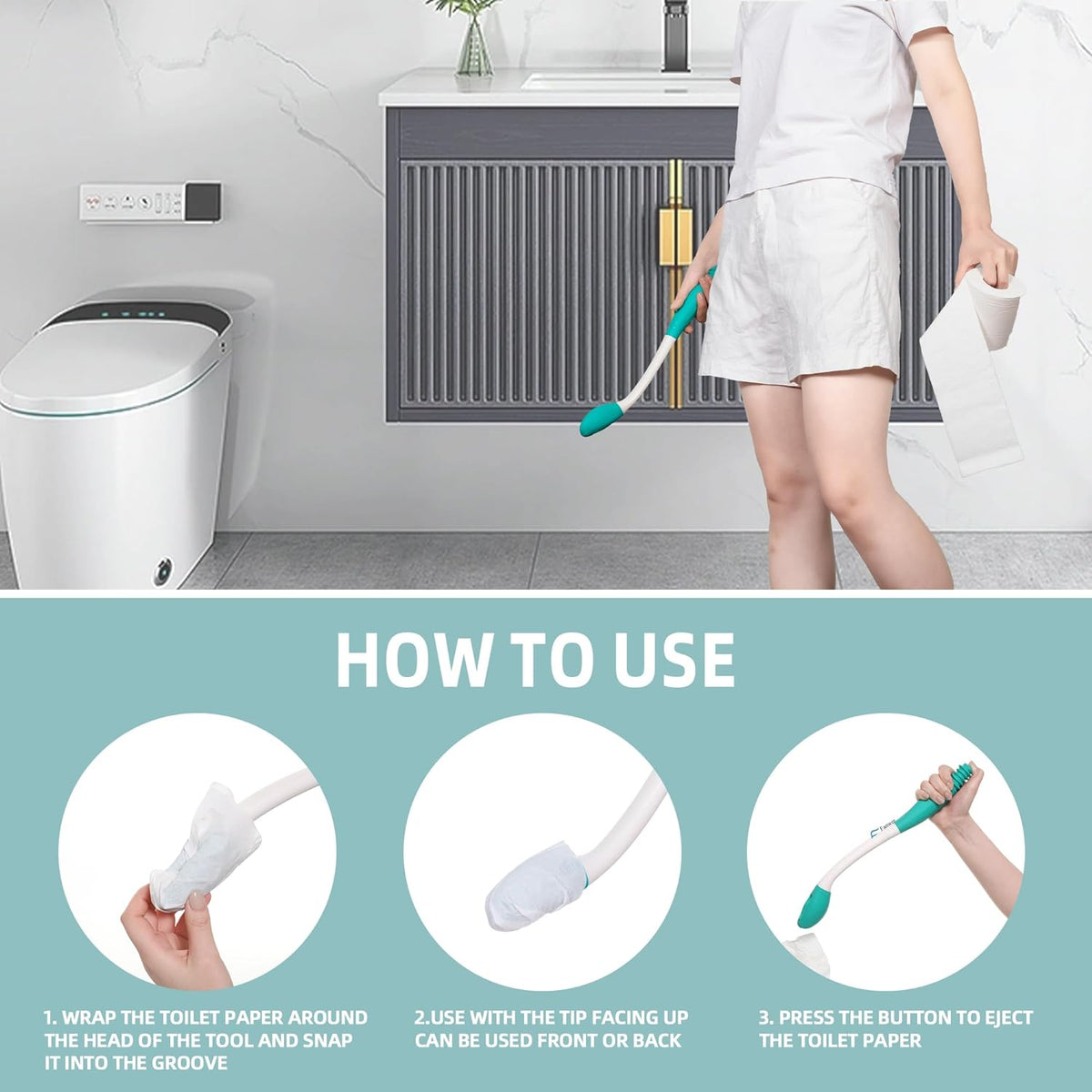 Extended-Reach Personal Hygiene Aid with Button Release for Bathroom Independence & Dignity – 15-Inch Comfort Grip Tool for Limited | Thomler