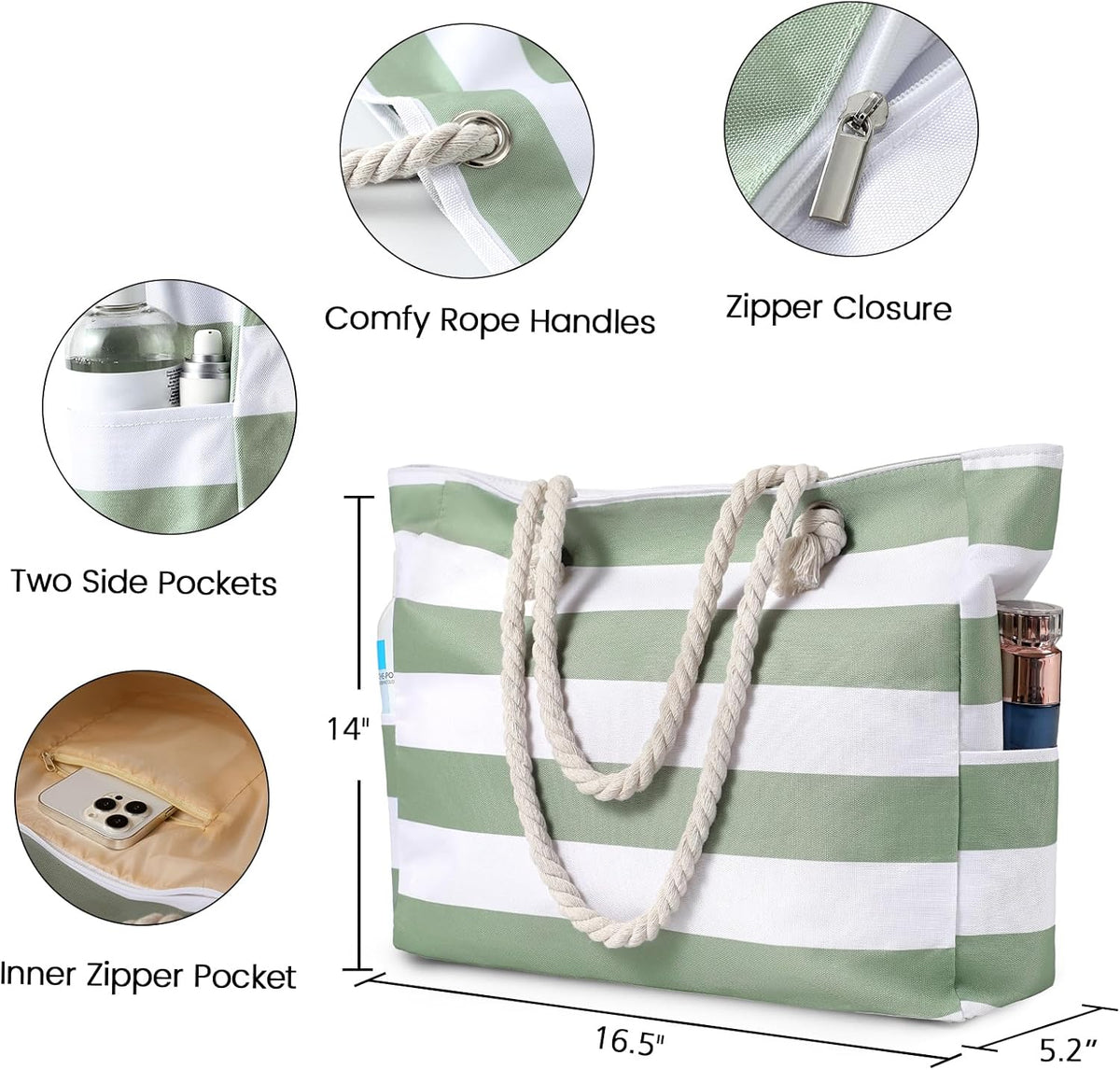 Oversized Zippered Tote with Sand-Resistant Lining for Pool Days & Travel | Water-Resistant Canvas Carryall | Thomler