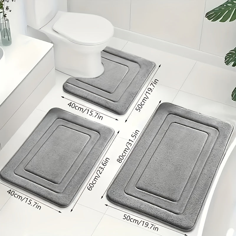 Memory Foam Bath Mat Set 3-Piece Non-Slip Absorbent Bathroom Rugs with U-Shape Toilet Mat Plush Microfiber Surface Contour Mats for Shower | Thomler