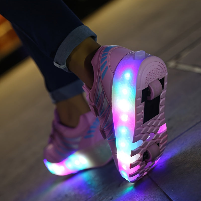 Roller Sneakers Faux Leather LED Sole Pink Children Outdoor Play Detachable Wheel Light Up Shoes Double Velcro | Thomler