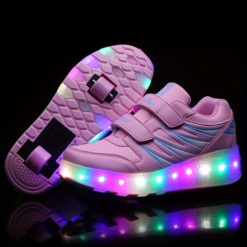 Roller Sneakers Faux Leather LED Sole Pink Children Outdoor Play Detachable Wheel Light Up Shoes Double Velcro | Thomler
