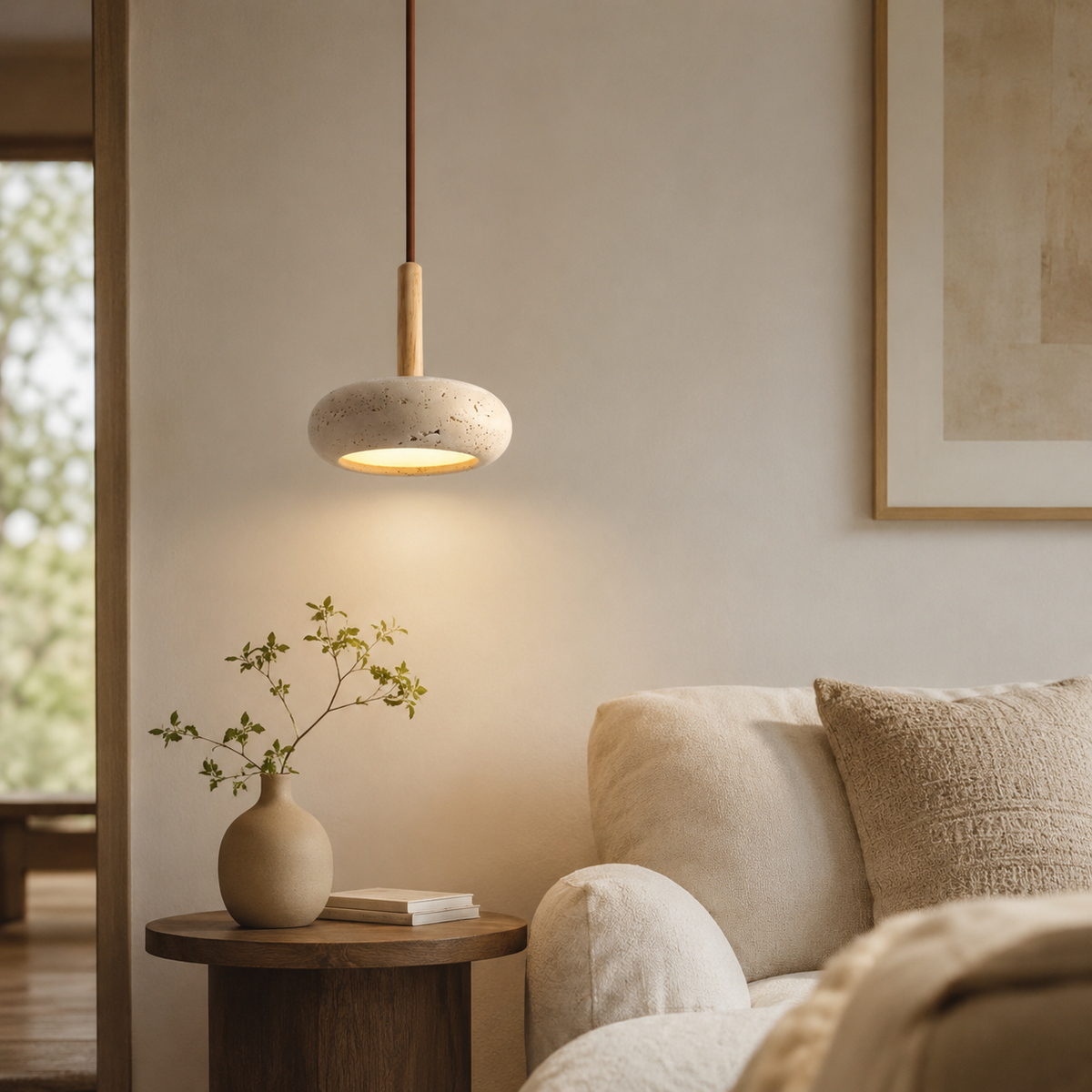 Japanese-Inspired Hanging Light with Natural Stone & Wood – 6 in Pendant – Adjustable Drop up to 79 in – LED Warm Glow – Easy Install | Thomler