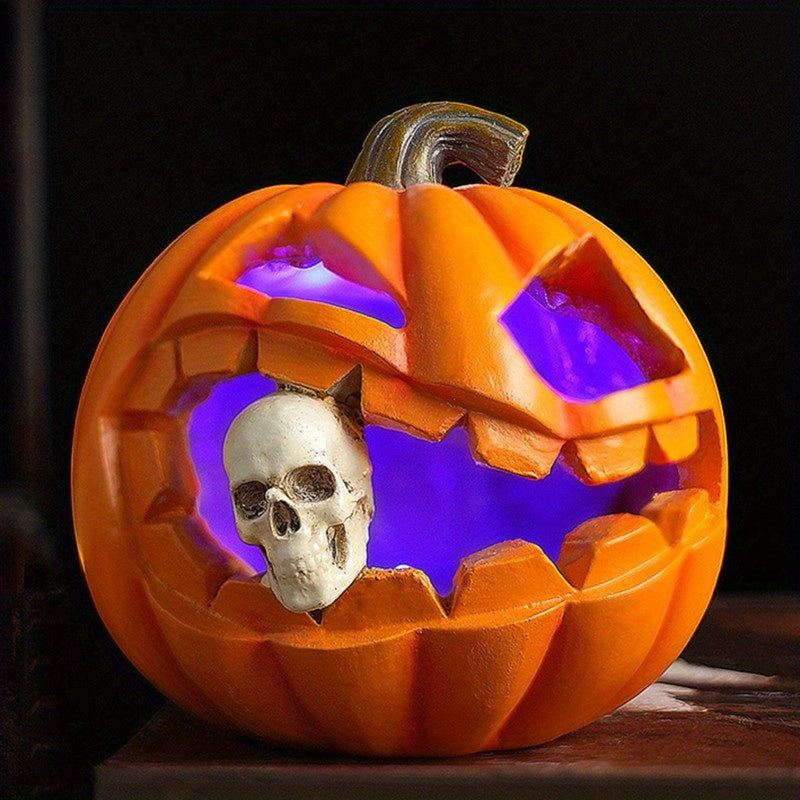 Resin Jack-o'-Lantern Figurine with Skull Insert for Halloween Tabletop Display – Freestanding Seasonal Ornament for Fireplace, Shelf & | Thomler