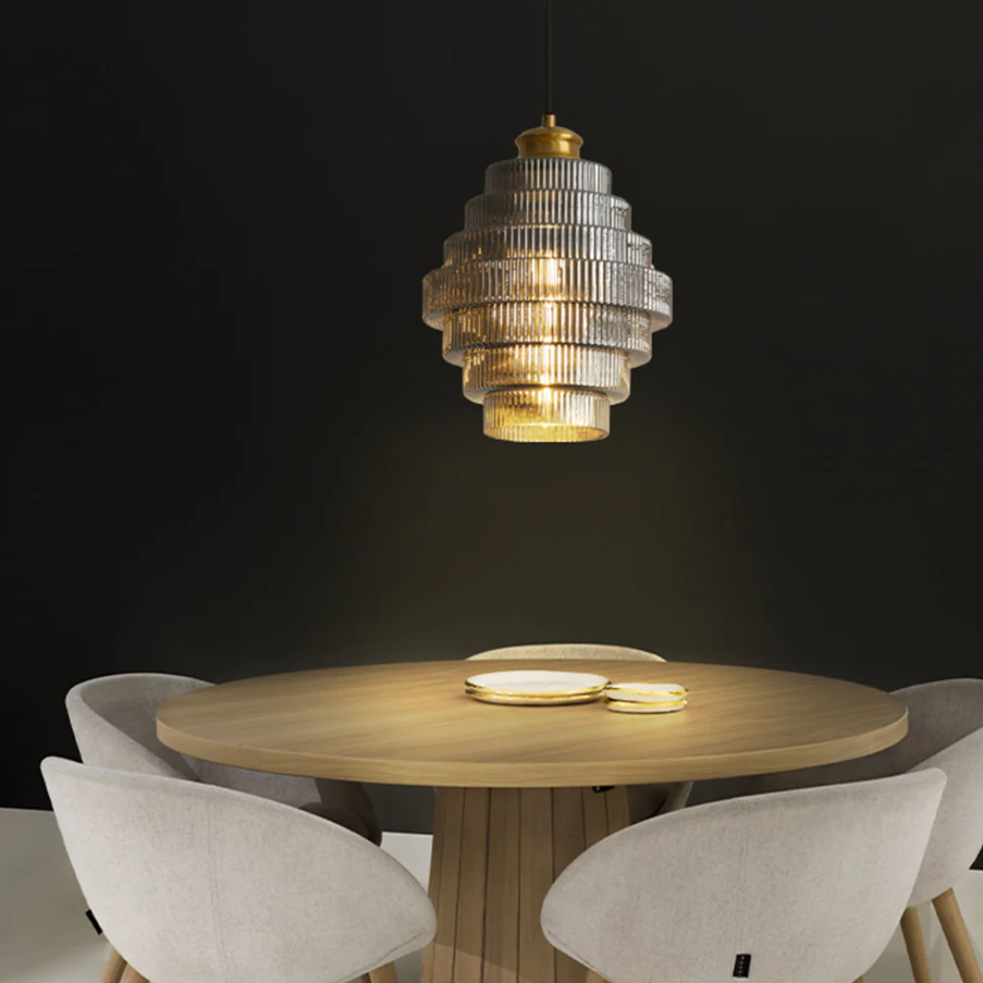 Pendant Light Ribbed Glass Brass Layered Shade Dining Room Kitchen Island Hanging Ceiling Lamp | Thomler