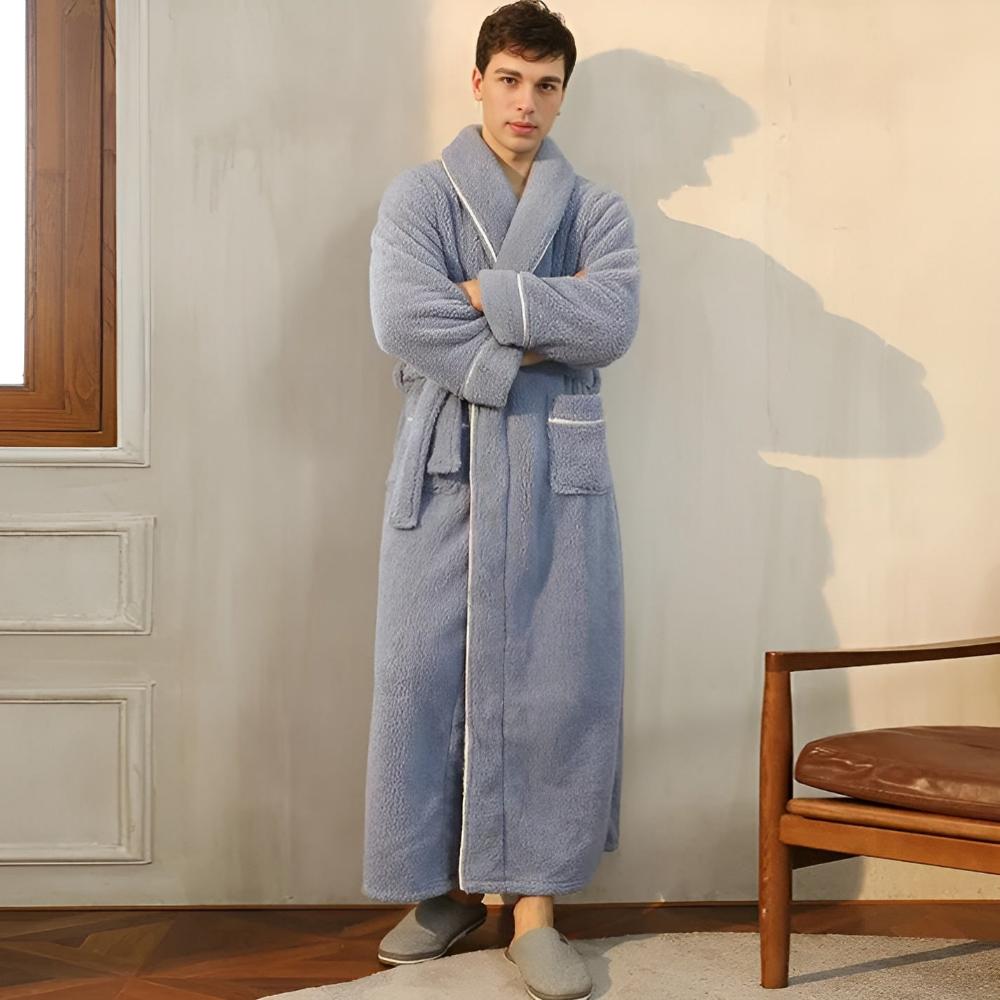 Plush Coral Fleece Bathrobe with Shawl Collar & Pockets – Unisex Lounge Robe for Year-Round Wear | Thomler