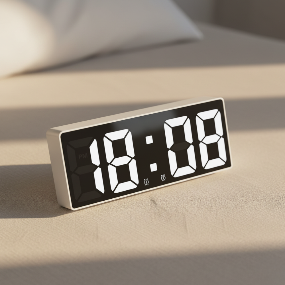 Mirrored LED Bedside Clock – Time, Temp & Alarm Display | Thomler
