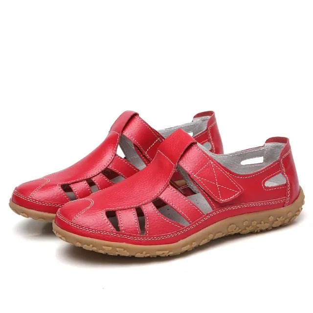 Women's Leather Sandals with Hook-and-Loop Straps & Cushioned Footbed | Summer Walking Shoes with Adjustable Fit | Thomler