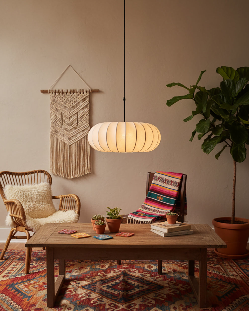 Pendant Lamp Fabric Shade 11.8 in White Rustic Living Room Dining Ceiling Light | Thomler