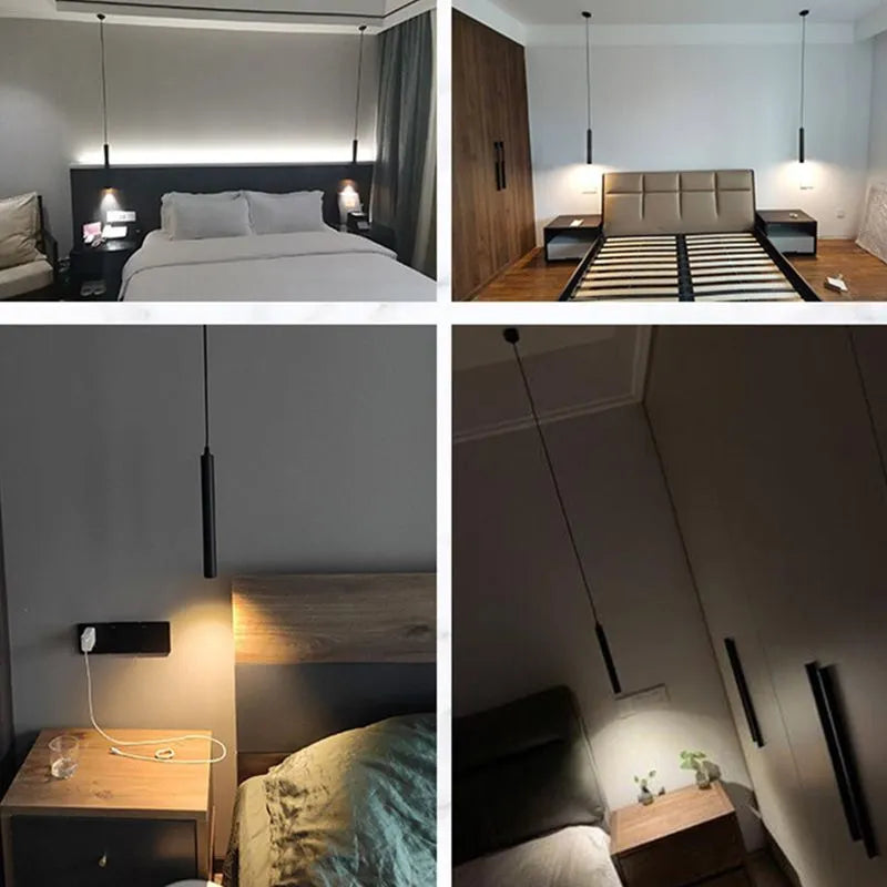 Sleek Metal Bar LED Ceiling Pendant for Living Room & Bedroom – Adjustable Hanging Rod Fixture in Black | Thomler