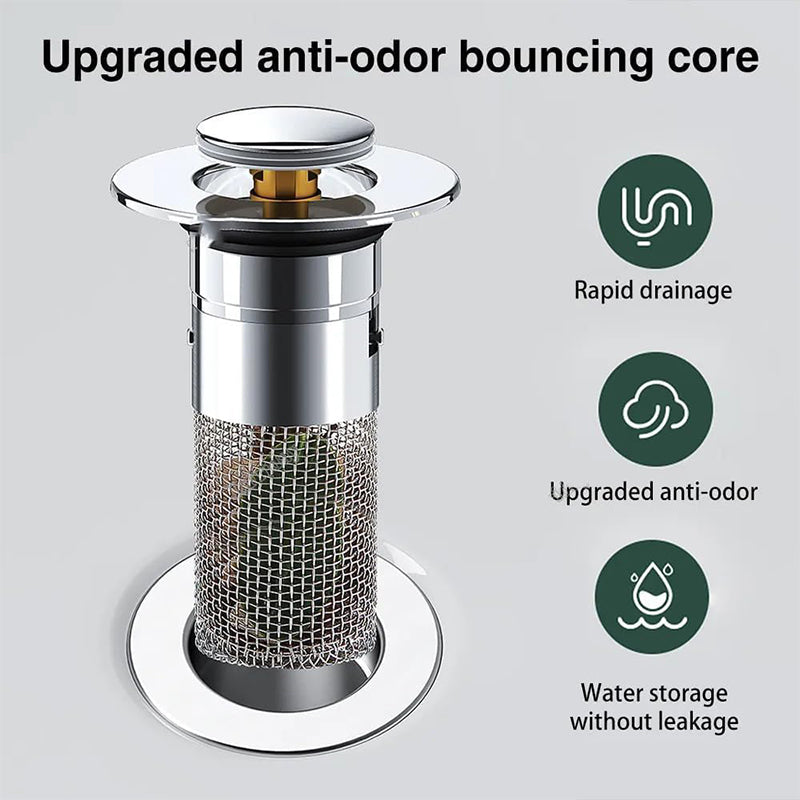 Pop-Up Bathroom Drain Filter with Hair Trap for Washbasin & Shower – Brass Core, Stainless Steel Basket, Universal Fit 1-1.2" Drains | Thomler