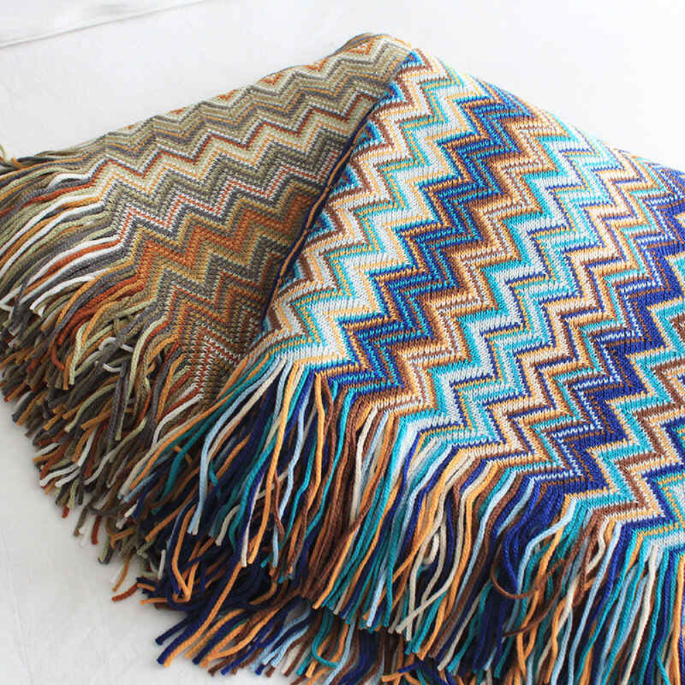 Chevron Knit Throw Blanket with Fringe Trim – Lightweight Acrylic for Year-Round Comfort | Thomler