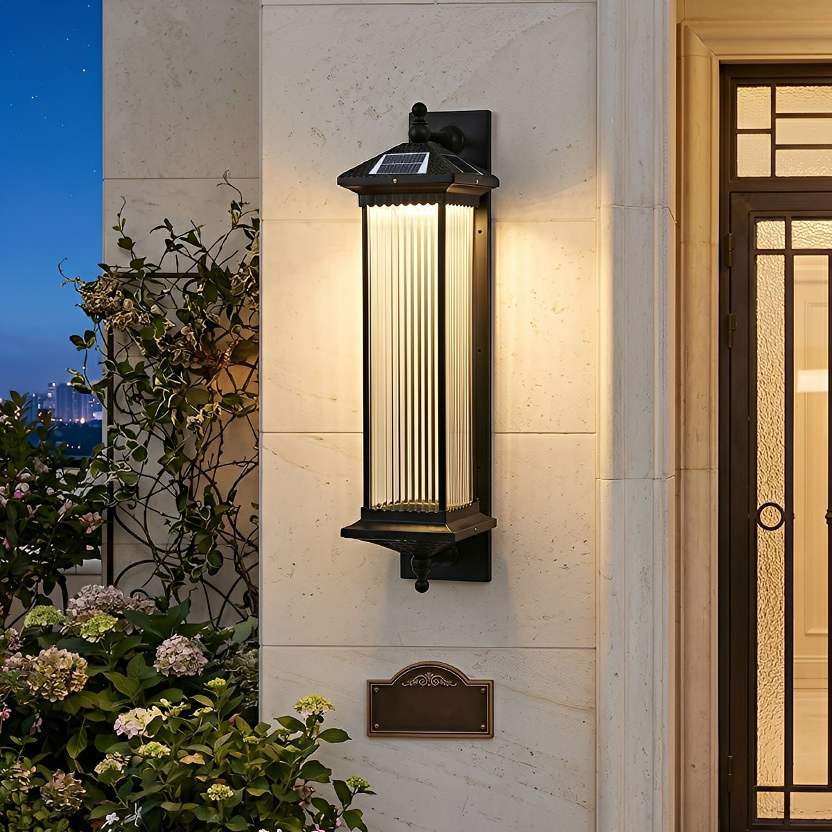 Solar-Powered LED Wall Sconce with Ribbed Shade & Adjustable Brightness for Entryway, Porch, Garden, Driveway | Thomler